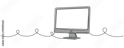 Computer monitor standing on continuous line over white background