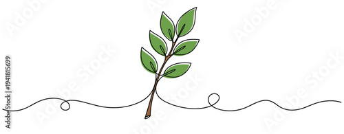 Green branch with leaves growing on continuous line background