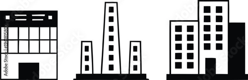 A black and white illustration of a city skyline with several buildings