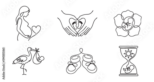 Pregnancy and motherhood collection with pregnant woman silhouette baby feet in hands and stork carrying newborn line art on a transparent background.