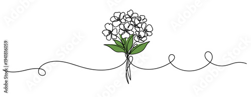 Bouquet of flowers tied with stems on continuous line