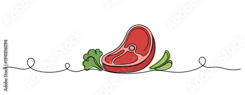 Raw steak resting with herbs in continuous line illustration