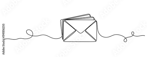 Stacked envelopes arranged on minimal white continuous line