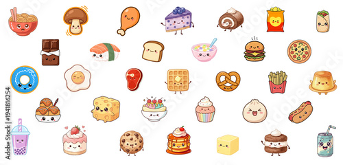 Kawaii Fast Food and Sweet Treat Icon Set with Cute Cartoon Faces