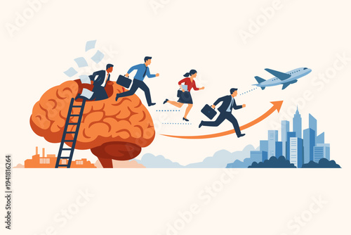 Brain drain and human capital flight concept vector illustration with skilled business professionals running from a large brain towards a modern city and airplane for international career growth.