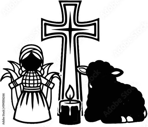 Religious imagery cross, angel figure, lit candle, and resting lamb
