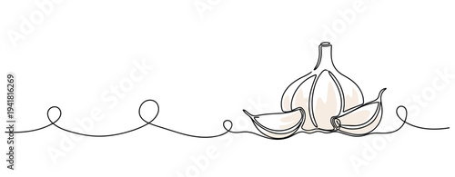 Garlic cloves resting on continuous line white background