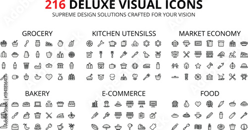 216 deluxe visual icons, supreme design solutions, grocery, kitchen utensils, market economy, bakery, e-commerce, food, professional vector set