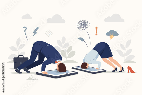 Vector illustration of a businessman and businesswoman hiding heads in smartphone screens like ostriches to escape from reality, work stress, and digital addiction, conceptual social issues.
