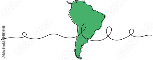 Map of south america highlighted on continuous line drawing