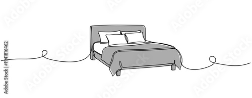 Double bed arranged with pillows in minimal bedroom line art