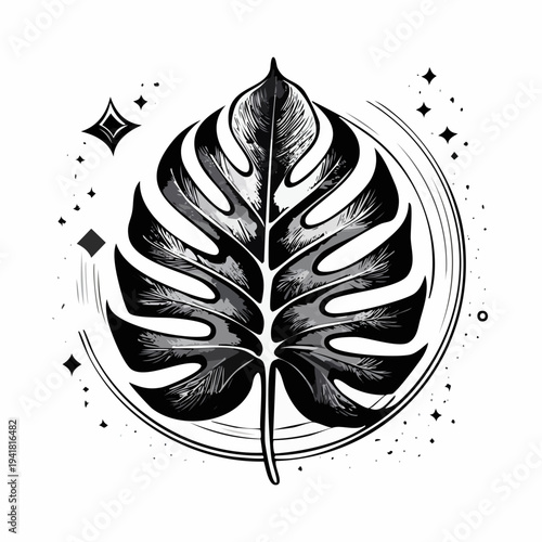 Monstera leaf illustration in black.