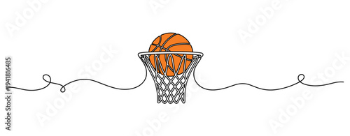 Basketball scoring through hoop in continuous line scene