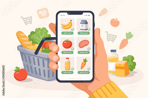 Hand Holding Smartphone with Online Grocery Shopping App Interface Showing Fresh Food Items Like Fruits, Vegetables, and Dairy with a Full Shopping Basket, Simple Flat Vector Illustration Design