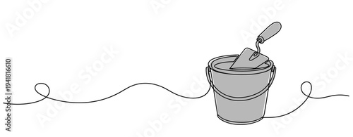 Bucket with trowel resting on continuous line illustration