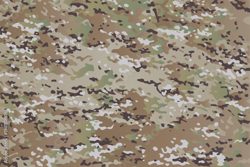 Modern desert woodland camouflage seamless pattern with layered brown, beige and green tactical shapes
