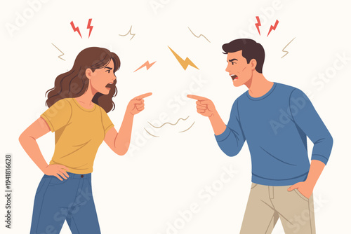 Vector Illustration of a Man and Woman Having a Heated Argument and Blaming Each Other with Angry Expressions and Pointing Fingers, Concept of Relationship Conflict, Divorce, and Misunderstanding