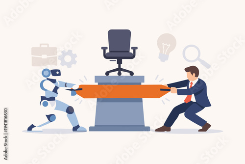 Vector illustration of a robot and a businessman in a tug-of-war for a vacant office chair, representing the competition between artificial intelligence and human labor in the modern job market.