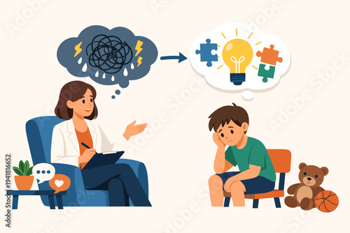 Female Child Psychologist Helping a Sad Boy Solve Mental Health Problems and Emotional Issues, Therapy Session with Lightbulb and Puzzle Pieces Metaphor, Flat Vector Illustration for Counseling