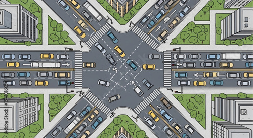 Aerial View of a Busy City Intersection with Traffic.