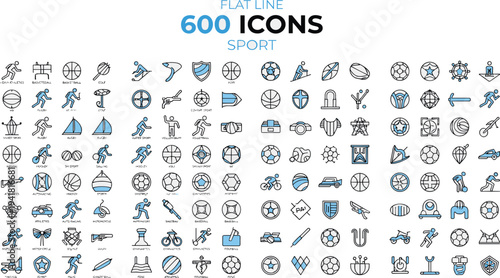 Flat line sports icons collection, running, basketball, soccer, swimming, sailing, volleyball, archery, skiing, trophies, equipment, fitness, competition