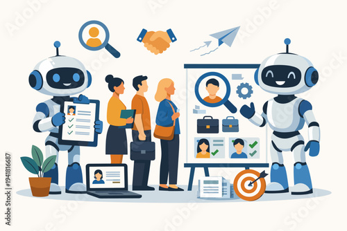 AI recruitment and automated hiring process illustration with robots screening human job candidates, reviewing resumes, and managing talent acquisition in a modern digital workplace.