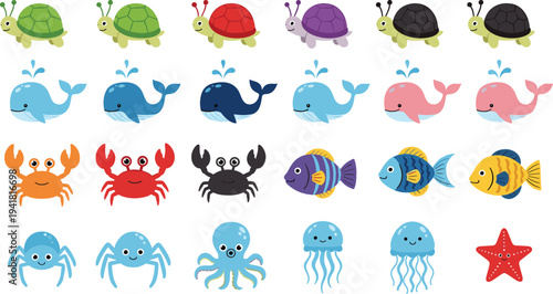 Cute Sea Animals Cartoon Collection with Turtles, Whales, Crabs, Fish, Jellyfish, Octopus, and Starfish for Kids Ocean Life Illustration.