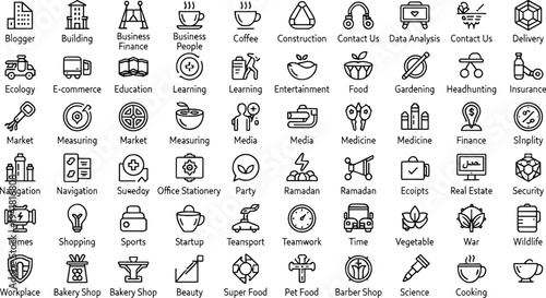 Minimalist black icon set, 420 icons, travel music device arrow security web cloud digital business weather shopping network UI vector