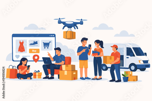 Online Shopping and Fast Delivery Service Concept Illustration with People Using Smartphones and Laptops, Drone Courier, Delivery Van, and Courier Carrying Packages to Happy Customers at Home.