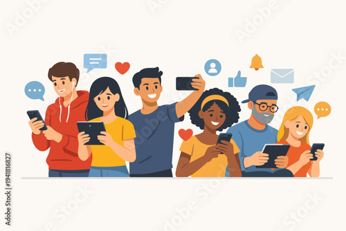 Diverse group of people using mobile gadgets like smartphones and tablets for social networking and digital communication, with floating social media icons in a simple flat vector illustration.