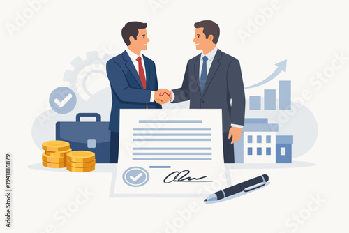 Businessmen shaking hands over a signed contract document, representing successful partnership, corporate agreement, and professional deal. Vector illustration with money, growth chart, and gear.