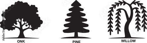 Set of black and white winter evergreen tree silhouettes featuring festive pine and spruce shapes for a merry Christmas holiday celebration card design