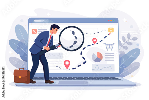 Website visitor tracking and digital footprint analysis concept with businessman using magnifying glass to follow user journey path on laptop screen for marketing data and bounce rate research