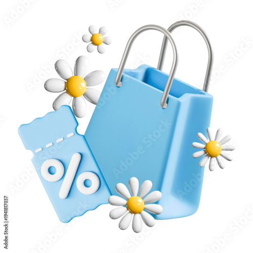 3d vector spring sale shopping bag coupon and daisy flowers isolated illstration