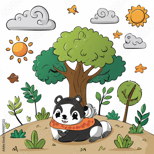 Cute cartoon panda bear lying down.