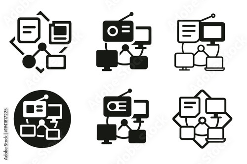 Mass Communication Logos. Mass communication theory. Icon set. Set Logo of mass communication theory: media ecosystem connecting print, radio, and web.
