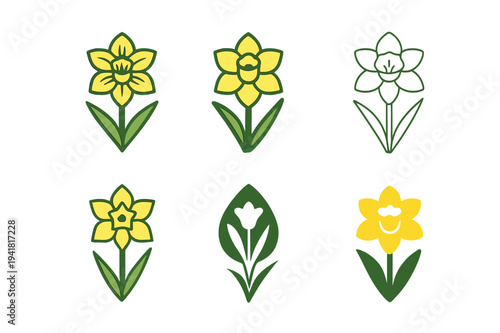 Daffodil Logo Variations. Planting bulbs for spring. Set Logo of Planting bulbs for spring: Daffodil. harmonious logo variations of the same emblematic