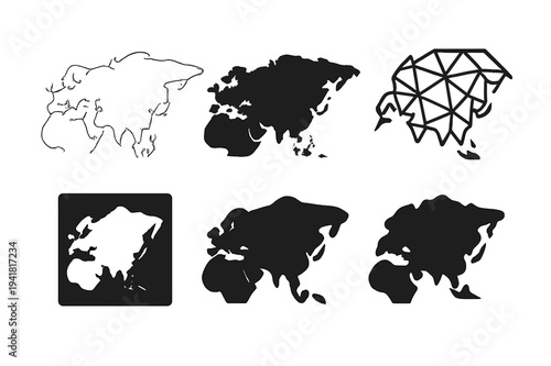 Eurasia Continent Logos. Eurasia. Set Logo of Continent Outline: Minimal outline, Filled silhouette, Abstract geometric, Negative space, Flat solid,