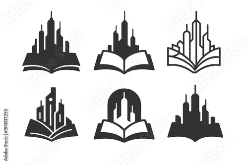 Sci-Fi Book Logos. Science fiction books. Icon set. Set Logo of sci-fi books: futuristic city skyline within book. harmonious logo variations of the same