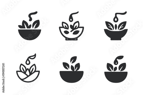 Salad Bowl Logos. Salad bowl. Icon set. Set Logo of salad bowl: salad bowl with dressing drizzle. harmonious logo variations of the same emblematic concept,