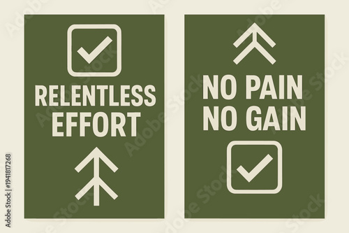 Geometric Motivation Banners. Relentless effort. Two vertical A6 banners with safe margins, centered composition, no elements touching edges, geometric, olive