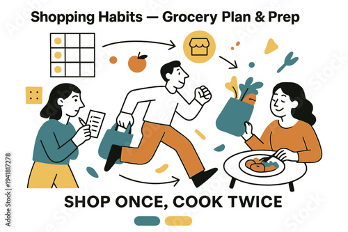 Grocery Planning Flow. Shopping Habits ? Grocery Plan & Prep. A minimal meal grid links to a weekly list; arrows flow from pantry > market > table. Caption