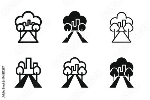 Park Architecture Icons. Architecture of public parks and green spaces. Icon set. Set Logo of architecture of public parks and green spaces: tree-lined pathway
