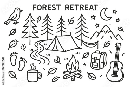 Forest Retreat Doodle. Forest retreat. Hand-drawn doodle illustration forest retreat pine trees, tent, campfire, stream, leaves, footprints, mug, stars, moon,