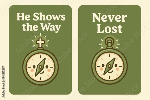 Faithful Compass Banners. Faith Compass. Two vertical A6 banners with safe margins, centered composition, no elements touching edges, kawaii, olive green and