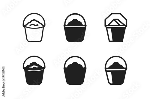 Feed Bucket Logos. feed bucket. Icon set. Set Logo of feed bucket: metal feed bucket with bail handle. harmonious logo variations of the same emblematic