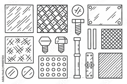 Metal Textures Doodle. Metal textures. Hand-drawn doodle illustration metal textures brushed steel, grid plate, rivets, mesh, screw head, scratched surface,