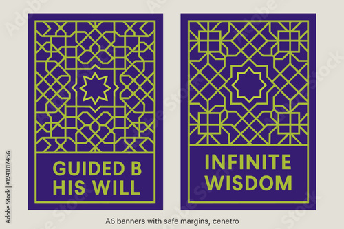Wisdom & Guidance Banners. Wisdom & Guidance. Two vertical A6 banners with safe margins, centered composition, no elements touching edges, geometric, royal