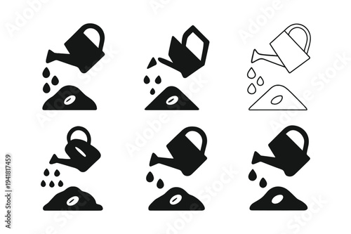 Planting Seeds Icons. Planting seeds. Icon set. Set Logo of Planting seeds: watering can over seedbed. harmonious logo variations of the same emblematic
