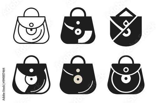 Vinyl Fashion Icons. Music and fashion. Icon set. Set Logo of Music and fashion: vinyl record clutch. harmonious logo variations of the same emblematic